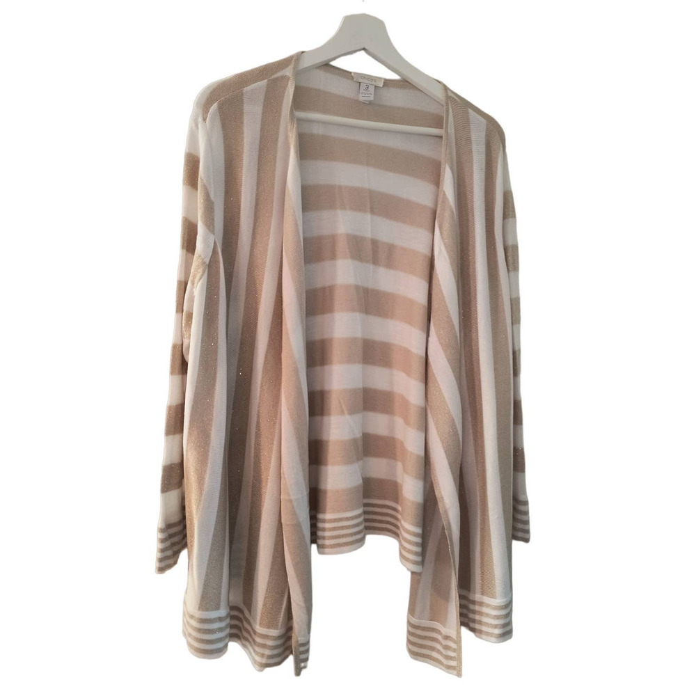 Chico's Long Sleeve Tan White Metallic striped open front cardigan  Sz 3/us sz L